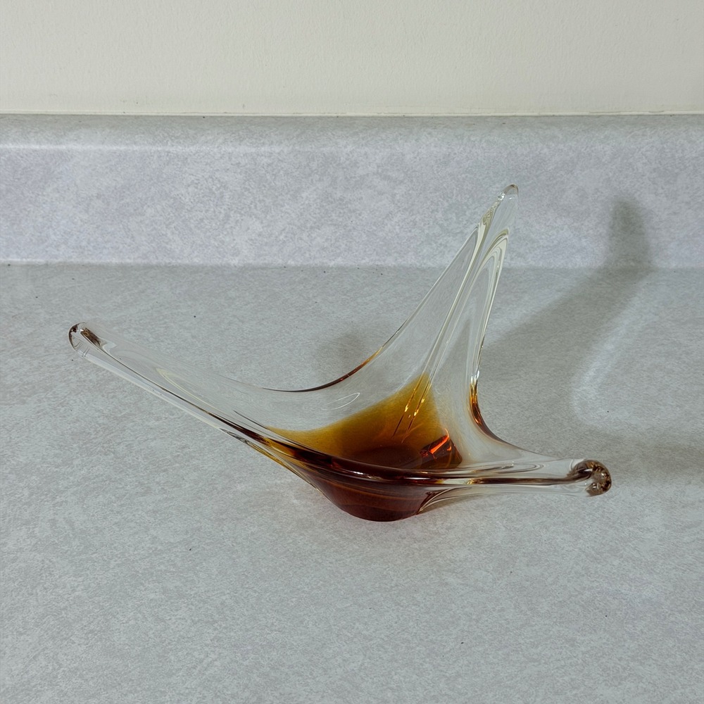 Mid Century Modern Amber Art Glass Pulled Wing Bowl Trinket Dish Brown Clear 10"
